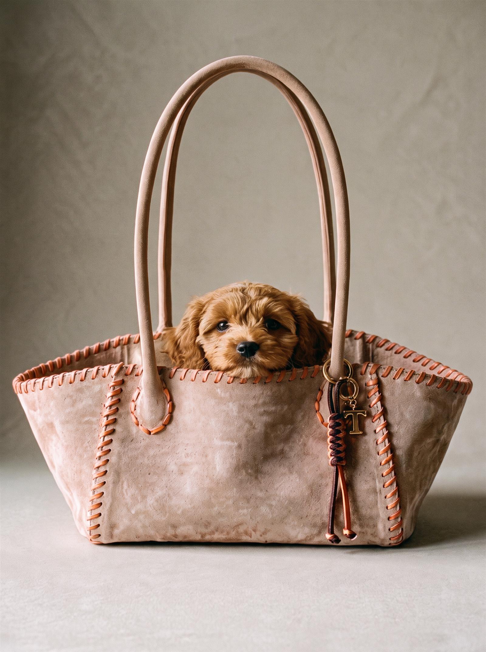 A puppy looking out of the beige Maxi