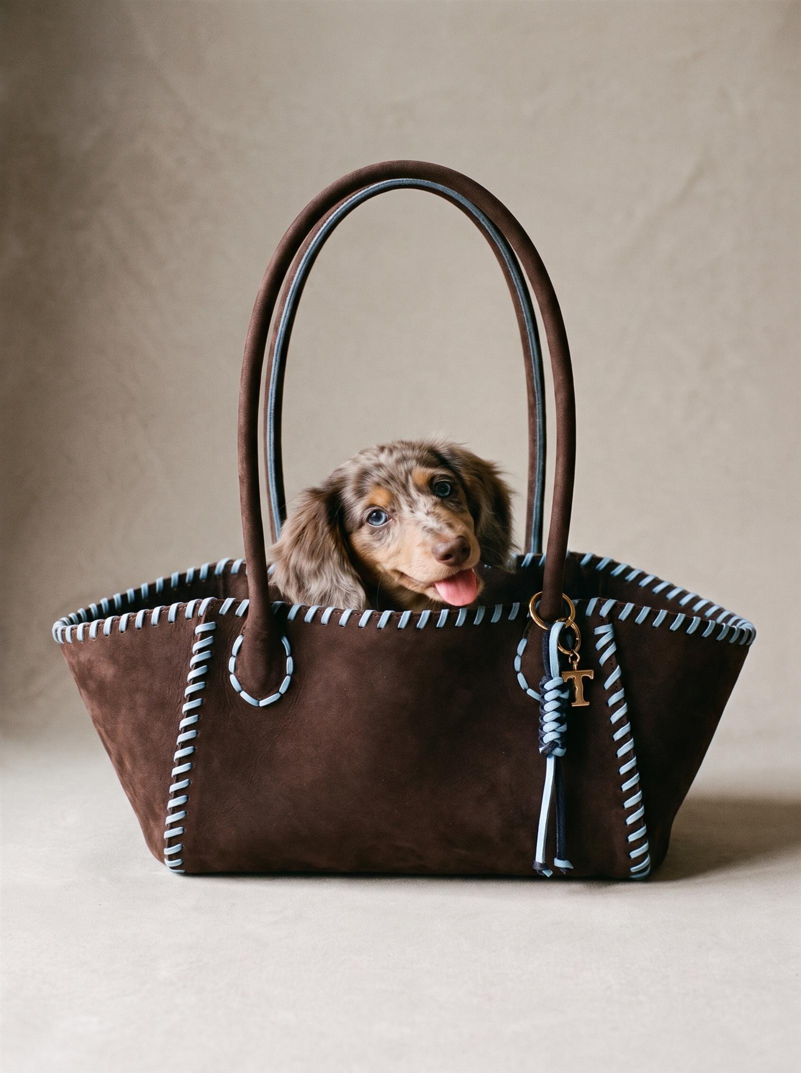 The Maxi in dark brown suede with light blue stitching, with a puppy looking out